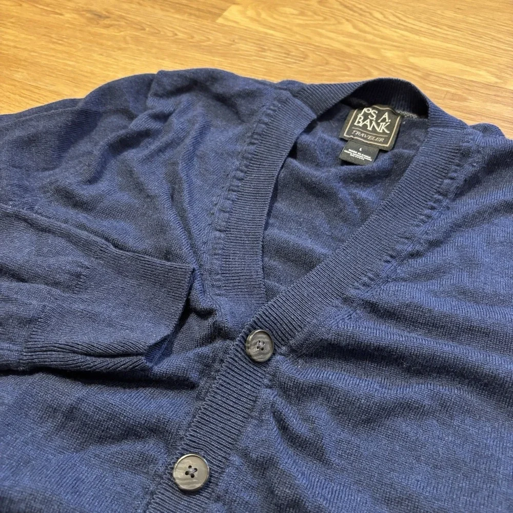 Jos A Bank Traveler Cardigan Sweater Mens *Fits Sz Small* Merino Wool Navy Blue